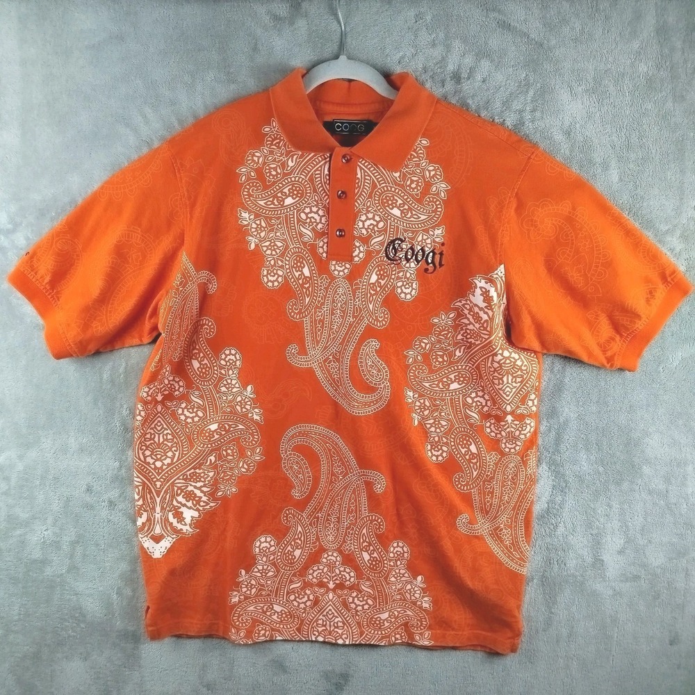Vintage Coogi Embroidered‎ Orange Polo Shirt Mens XL Short Sleeve Paisley Design